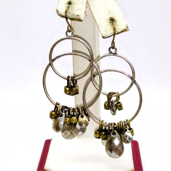Vintage Double Hoop Drop Earrings with Silver Tone Hammered Dangles and Fun Move - Picture 3 of 5